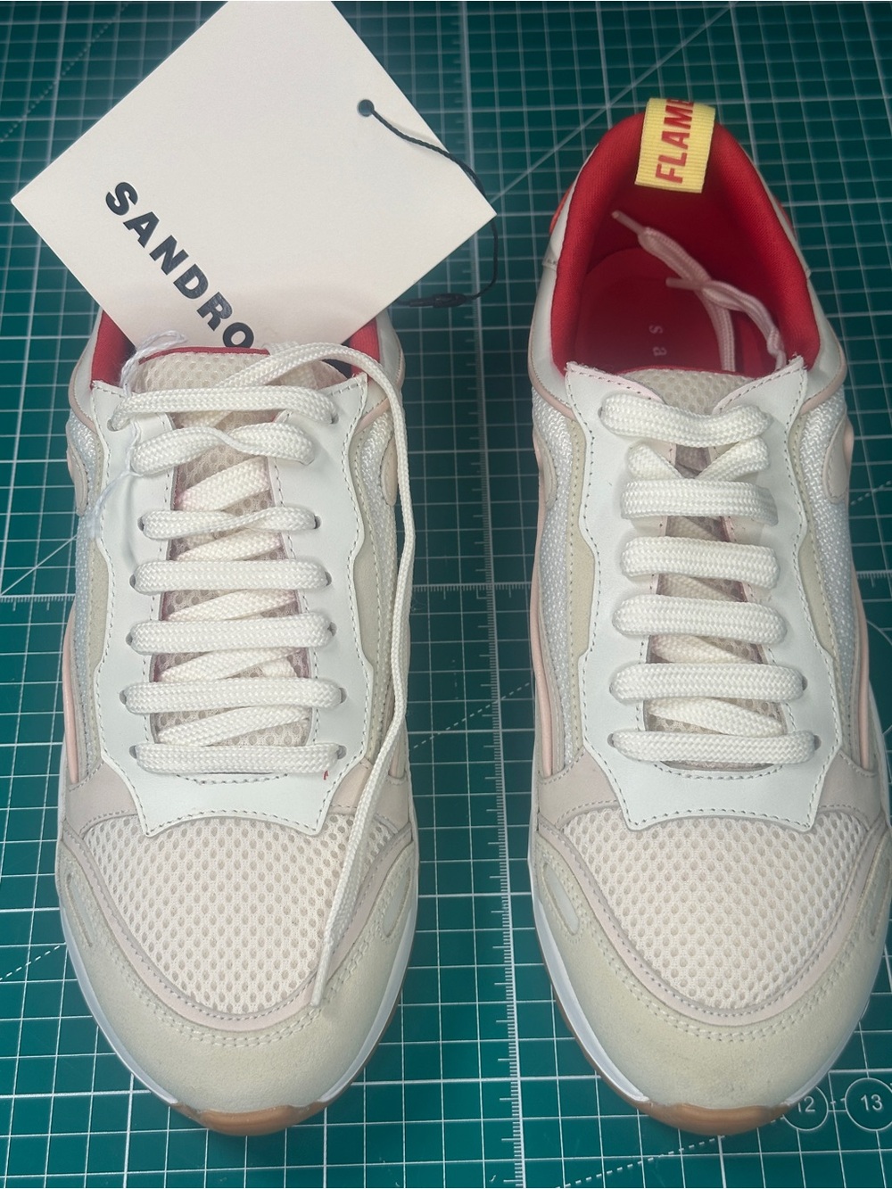 Sandro Flame White Sneakers with Red Lining and Yellow Pull Tab - Picture 2 of 15